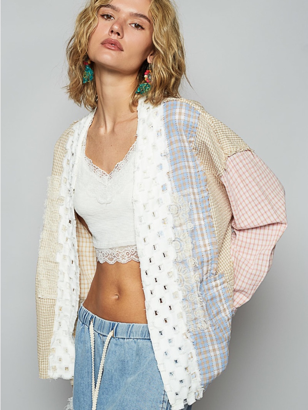 POL Patchwork Cotton Jean Jacket in Cream, Blue & Pink